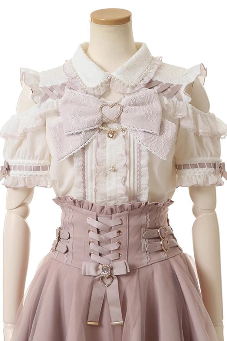 Lapel Off-Shoulder Bow Blouse - Pearl Jirai Kei