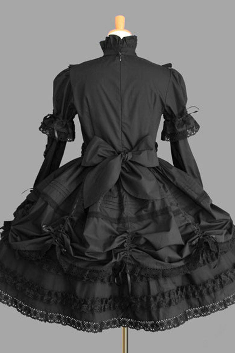 Black Cotton Gothic Lolita Dress Stand Collar Long Sleeves Ruffled - Altfashion Shop