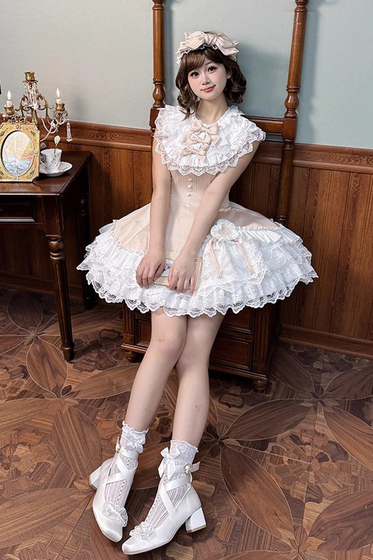 Champagne Asymmetric Lace Bow Sleeveless Multi-Layer Ruffle Sweet Lolita Dress - Miss Tsundere