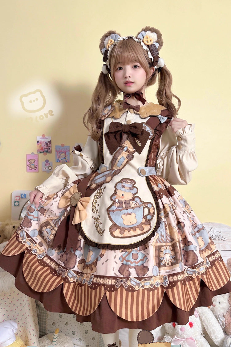 Long Sleeve Print Bow Sweet Dress Set
