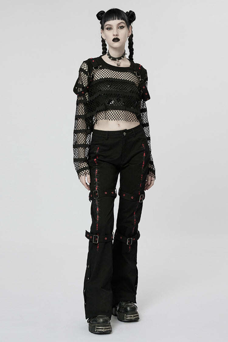 Crimson & Noir Steampunk Buckle Accent Flared Trousers for Women