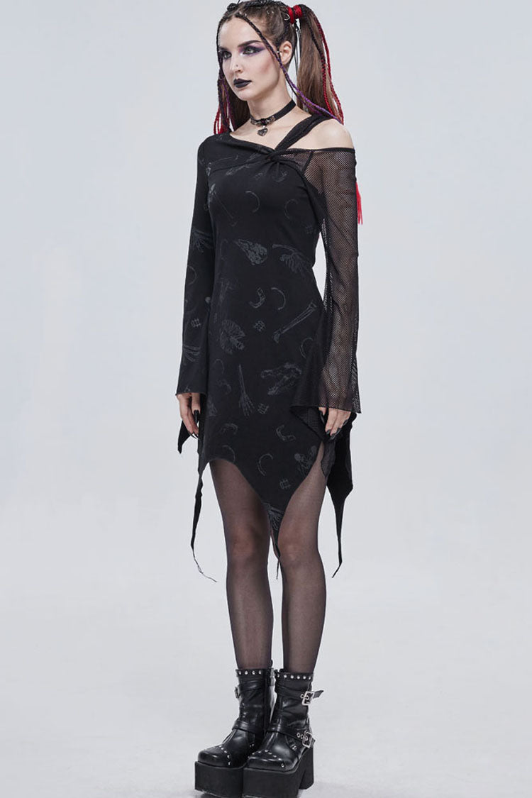 Off-Shoulder Graphic Print Asymmetric Mesh Gothic Dress