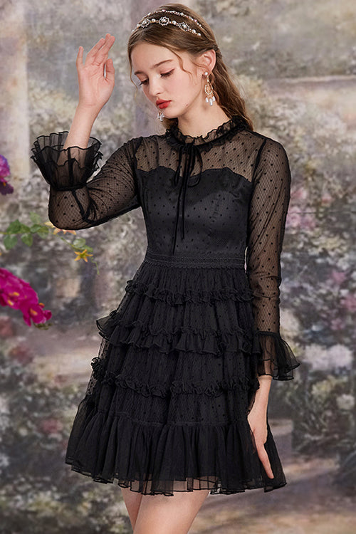 Sweet Lolita Polka-Dot Mesh Black Lace Round-Collar Trumpet-Sleeve Ruffled OP Gown