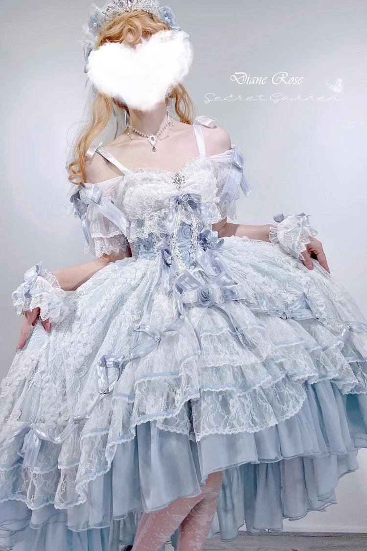 Blue Diane Rose Short Sleeve Jacquard Ruffle Cardigan Bow Lace Sweet Lolita Dress