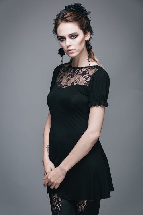 Lace Neck Short Sleeve Mid-Length Gothic Women's Tee