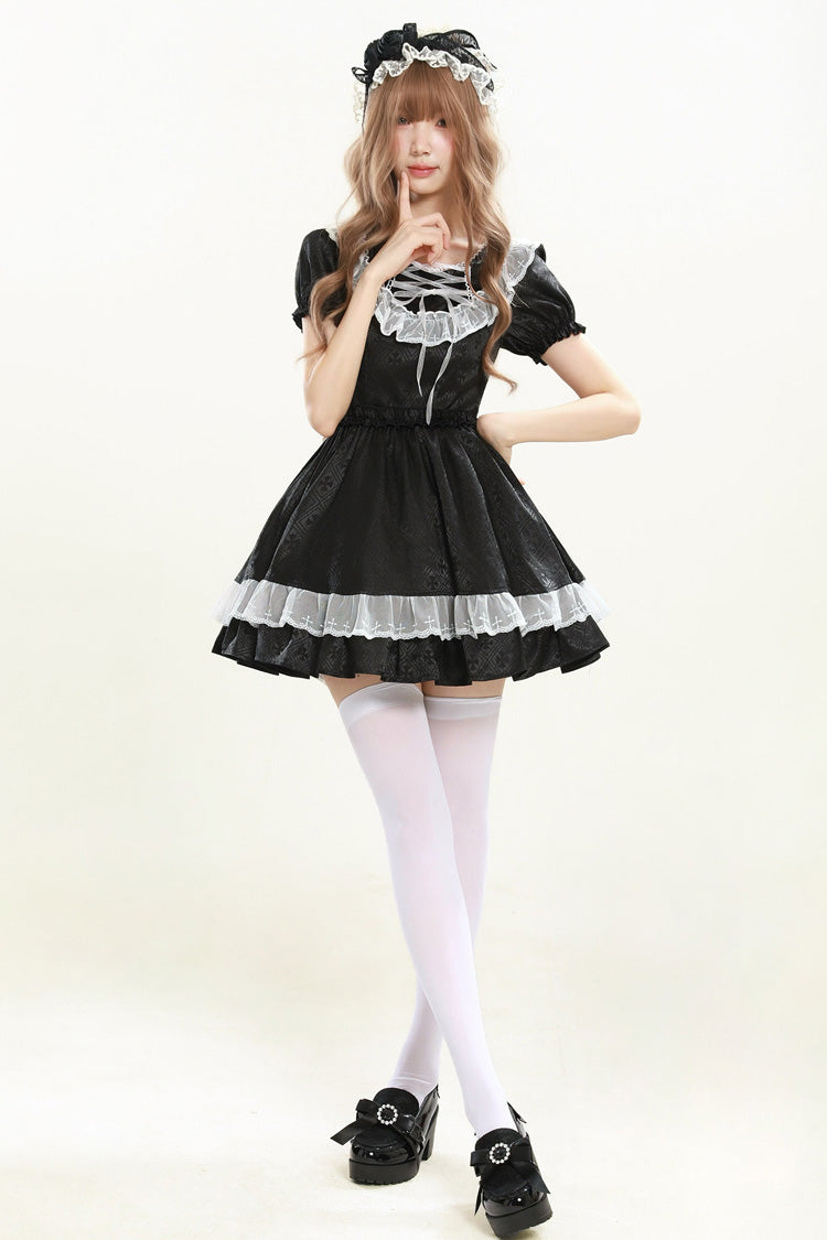 Night Alley Angel Lapel Collar Short Sleeves Jacquard Ruffled Lace Gothic Lolita Dress - Black