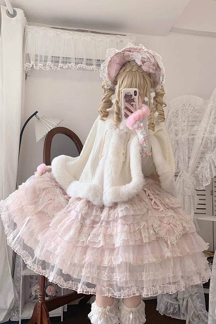 Pink Multi-Layered Ruffled Hanayome Embroidered Bow Lace Sweet JSK - Sweetheart Diary