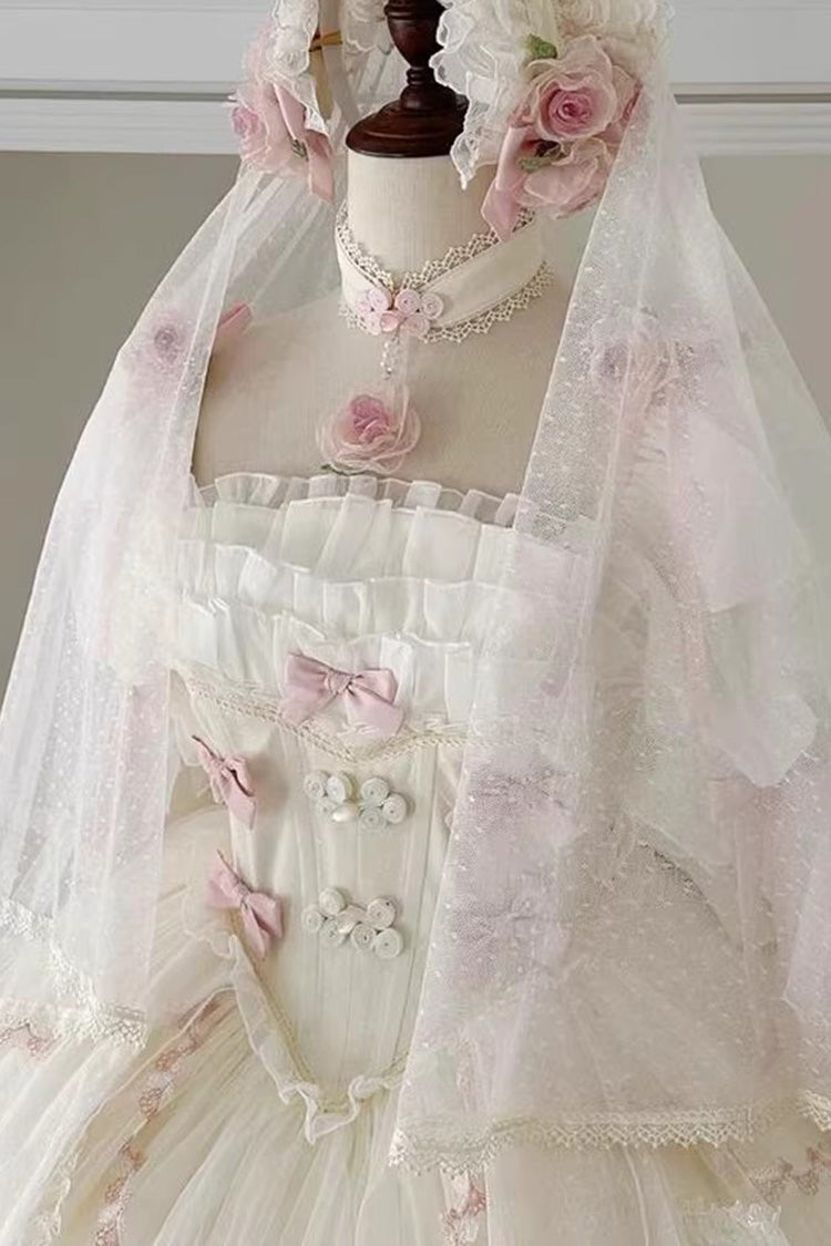 Ivory Mist and Tulle Square Collar Multi-Ruffle Bridal Bow Lace Princess Gown