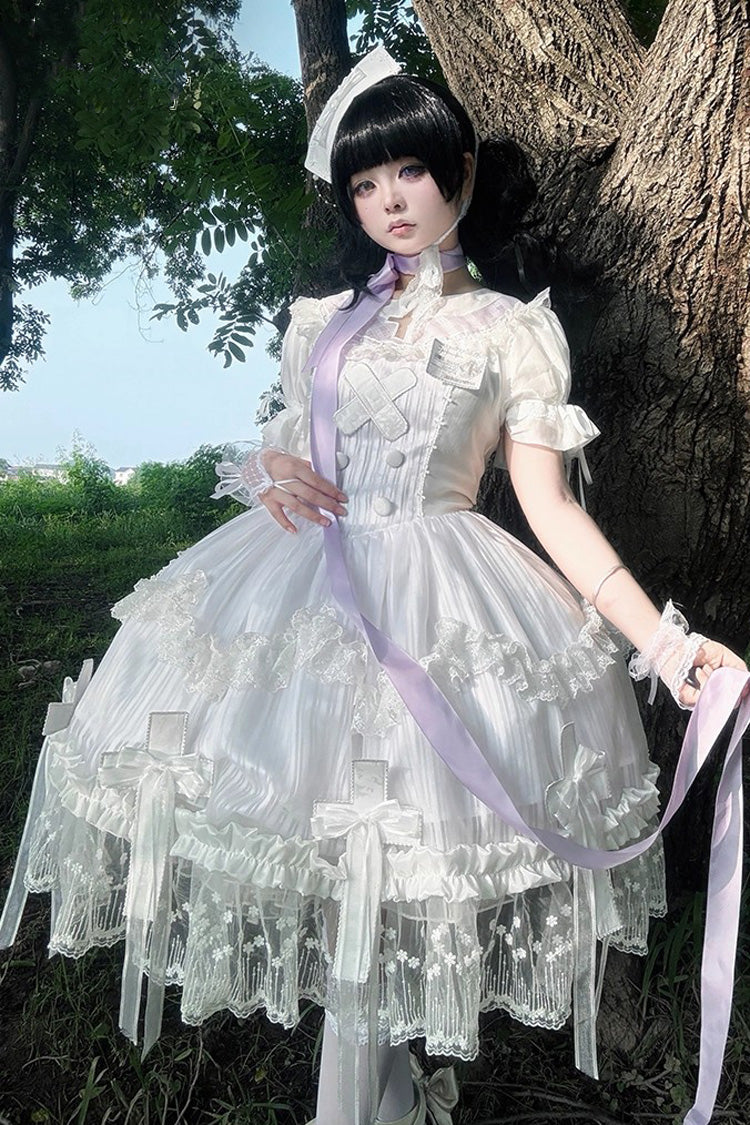 White Short-Sleeved Ruffled Bow Lace Gothic Elegant Lolita Dress