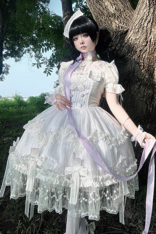 White Short-Sleeved Ruffled Bow Lace Gothic Elegant Lolita Dress