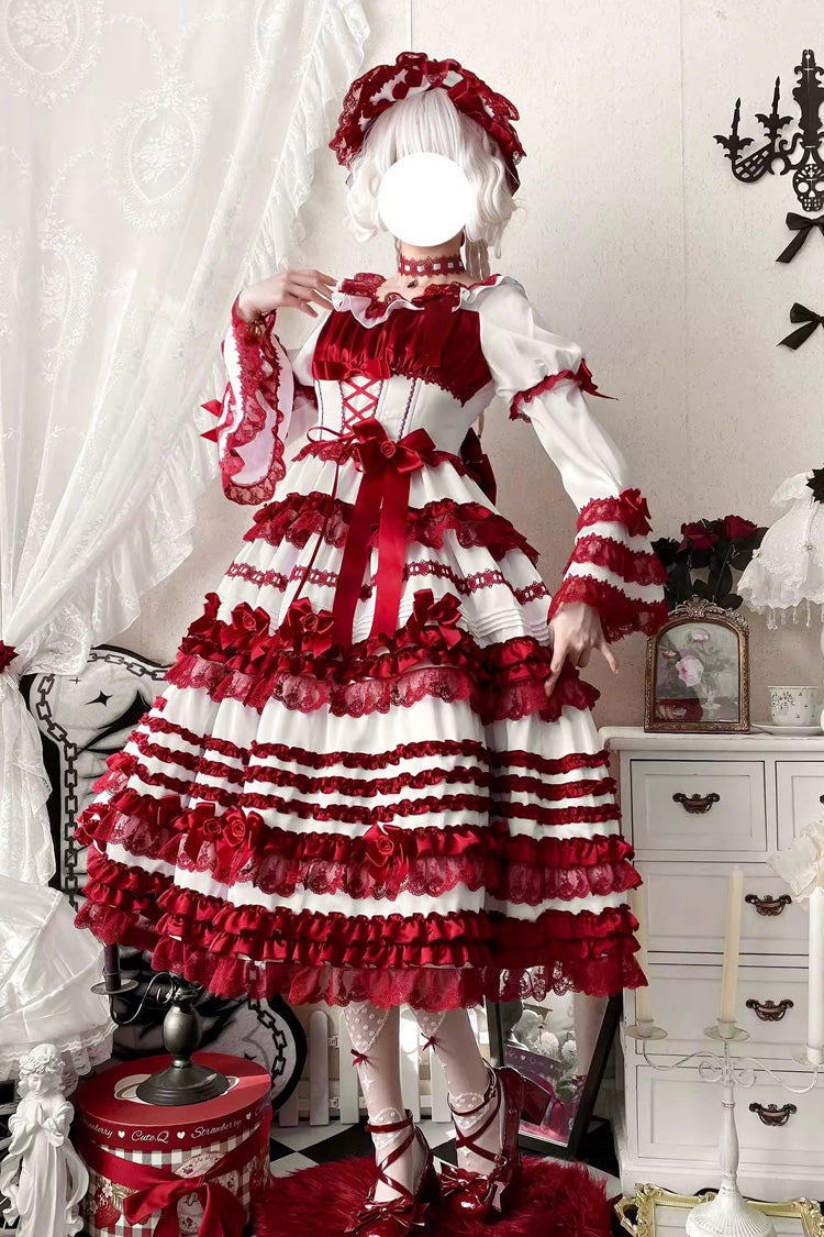 Ivory and Ruby Velvet Short Sleeve Ruffled Ribbon Lace Sweet Lolita Dress