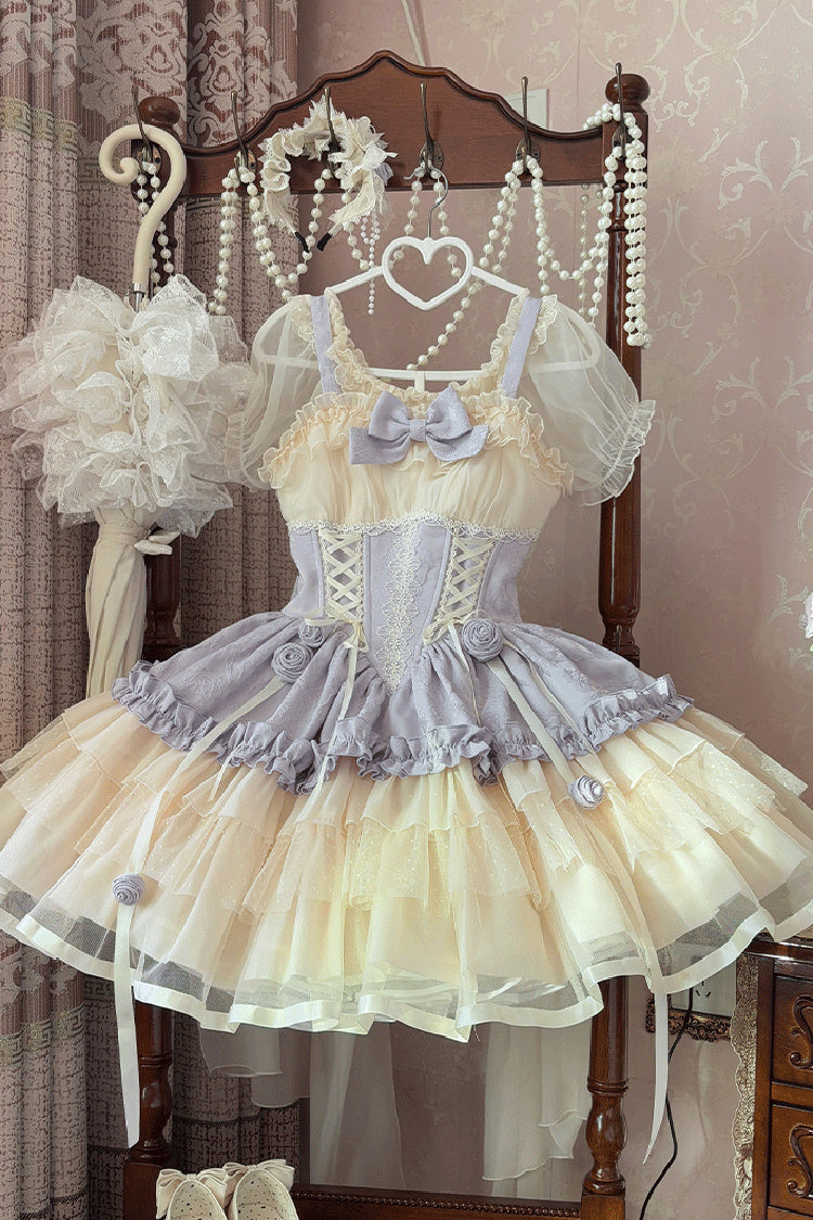 Triple-Layered Ballet Bow Lace-Up Sweet JSK Dress in Purple Ivory