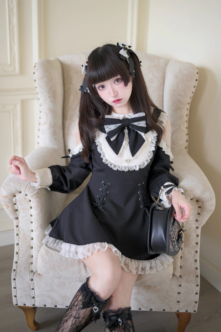 Black and White Divine Love Cut-Out Bow Lace-Up Dress and Shorts Set