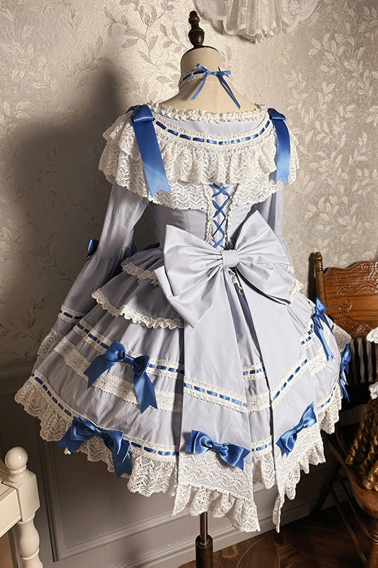 Blue/White Rabbit Sleeping Doll Long Trumpet Sleeves Ruffle Ribbon Lace Girly Lolita Dress