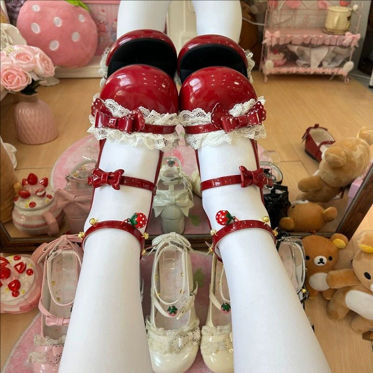 Lace Trim Bow Mary Janes with Ankle Bells - Mid Heel, 6 Tones