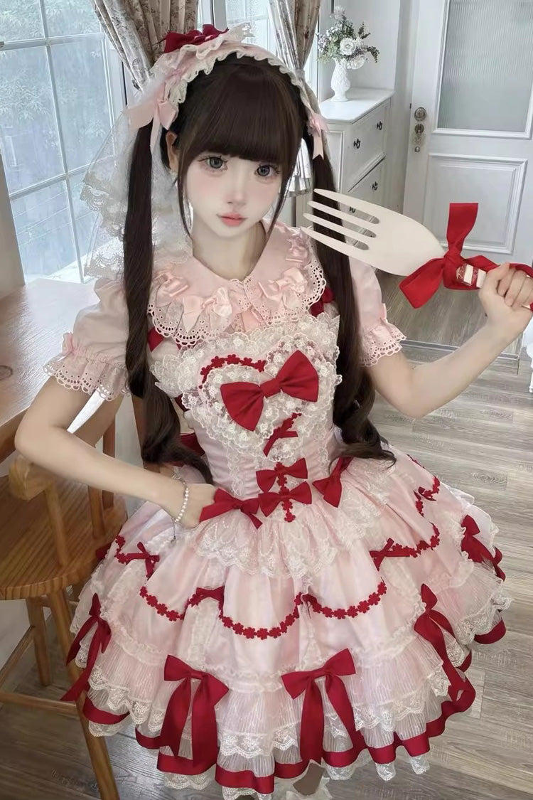 Red Pink Scarlet Heart Cocoa Sleeveless Triple-Layered Ruffle Embroidery Lace Sweet Lolita Jsk Dress