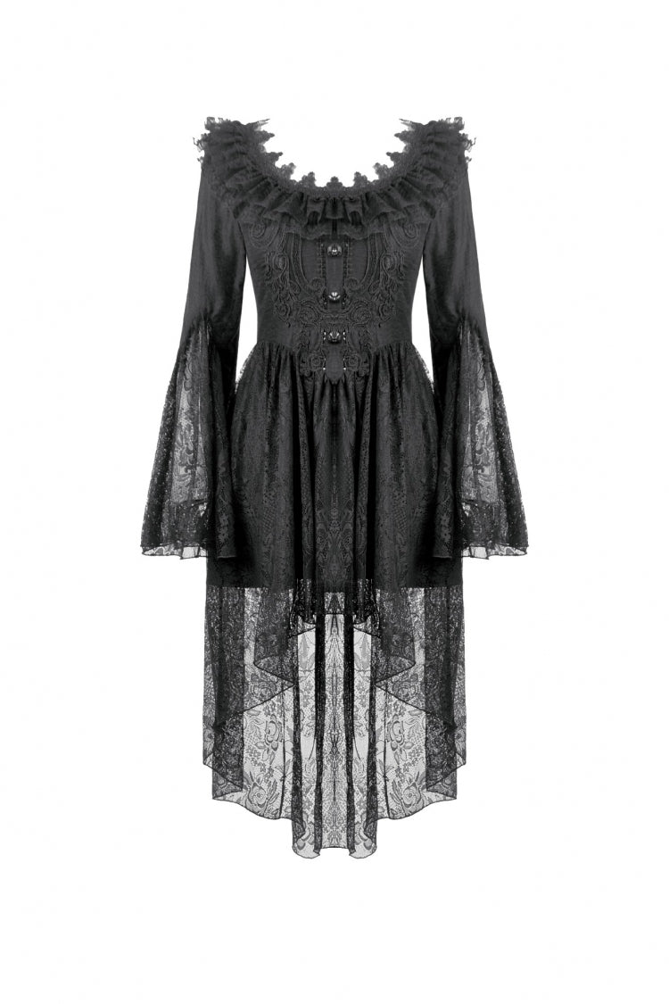 Gothic Black Lace Boat-Neck Trumpet-Sleeve High-Low Hem Elegant Long Gown