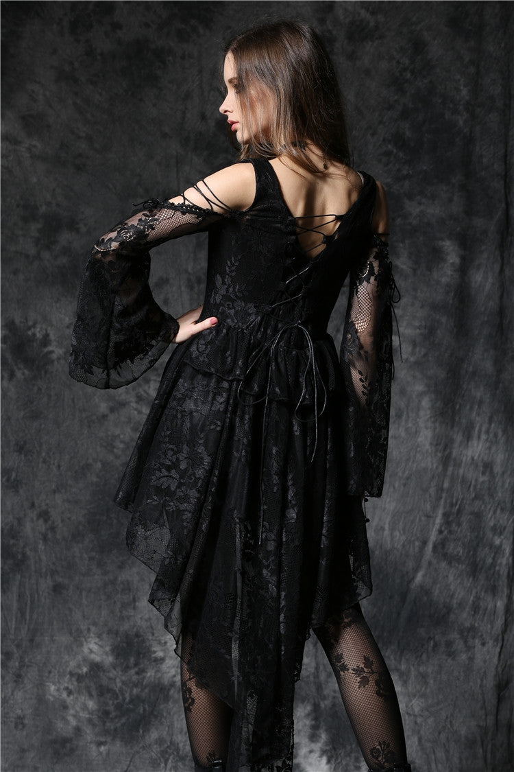 Square Collar Long Sleeves Overlay Embroidered Lace Gothic Dress