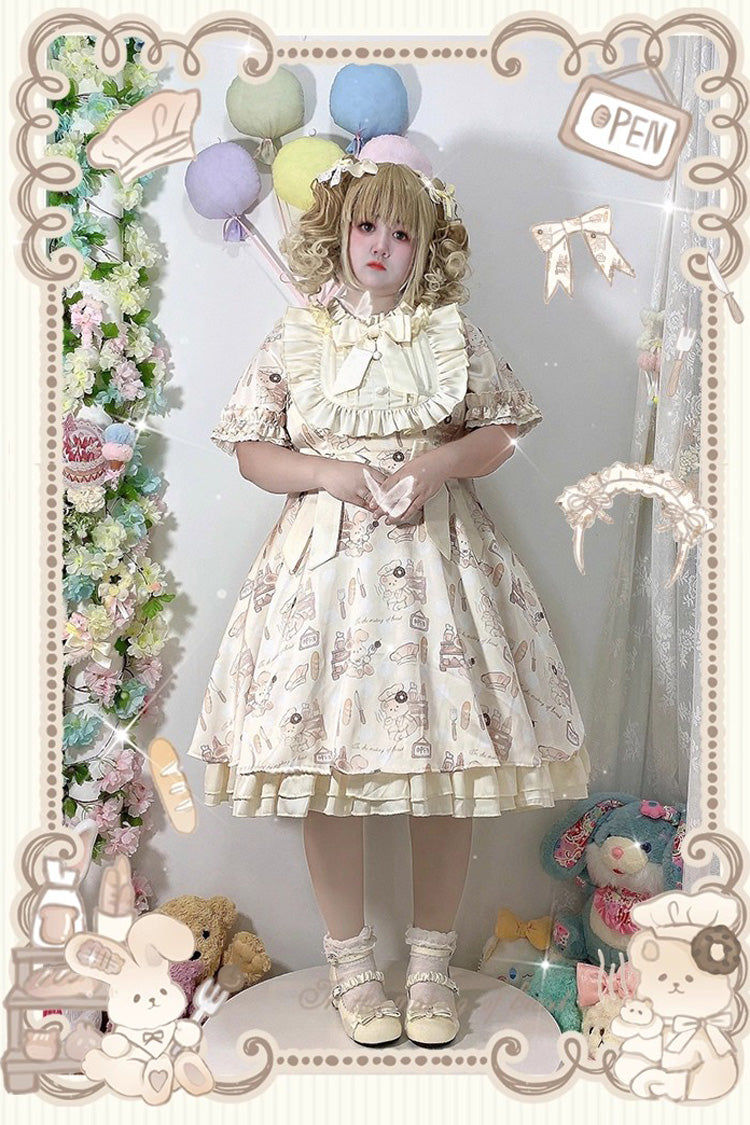 Short Puff Sleeve Print Ruffle Plus Size Princess Lolita Dress Ivory