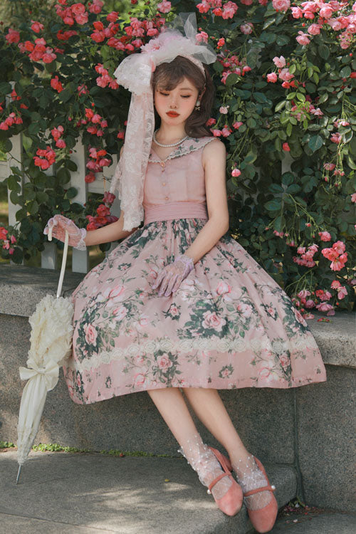 Floral V-Neck Sleeveless JSK with Ruffles in Pink