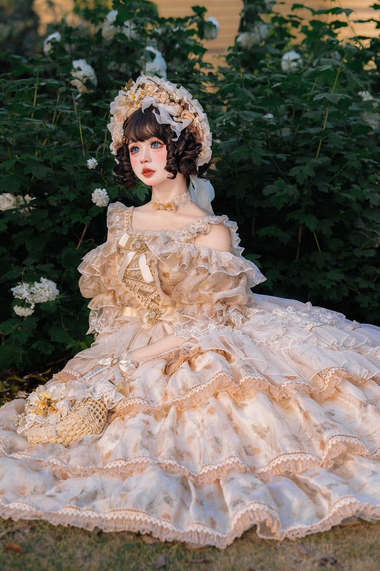 Yellow Off-Shoulder Princess Dress with Ruffle Print