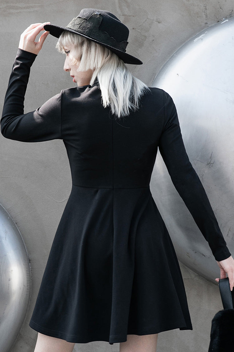 High Collar Front Chest Lace-Up Shoulder Hollow-Out Long Sleeve Punk Dress