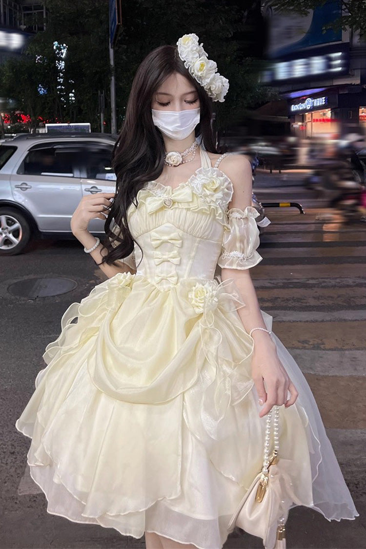 Cream Cindy Rose Halterneck Sleeveless Frilled Bow Elegant Sweet Lolita JSK Dress