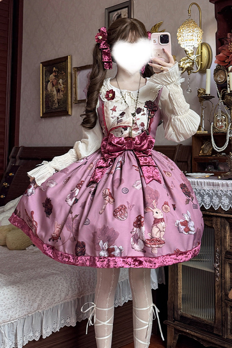 Sleeveless Rabbit Sunflower Print Ruffle Embroidery Bow Sweet JSK Dress Short in Red