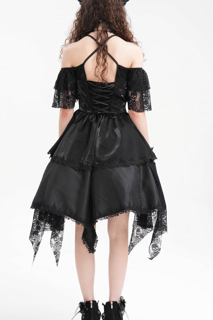 Delicate Black Lace Lace-Up Irregular Hem Halter Gothic Dress