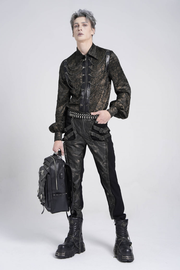 Faux Leather Stitching Buckle Pants - Punk