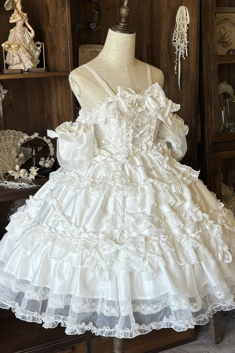 Ivory Off-Shoulder Short Sleeve Layered Dress with Bows - Spring Cherry Snowfall