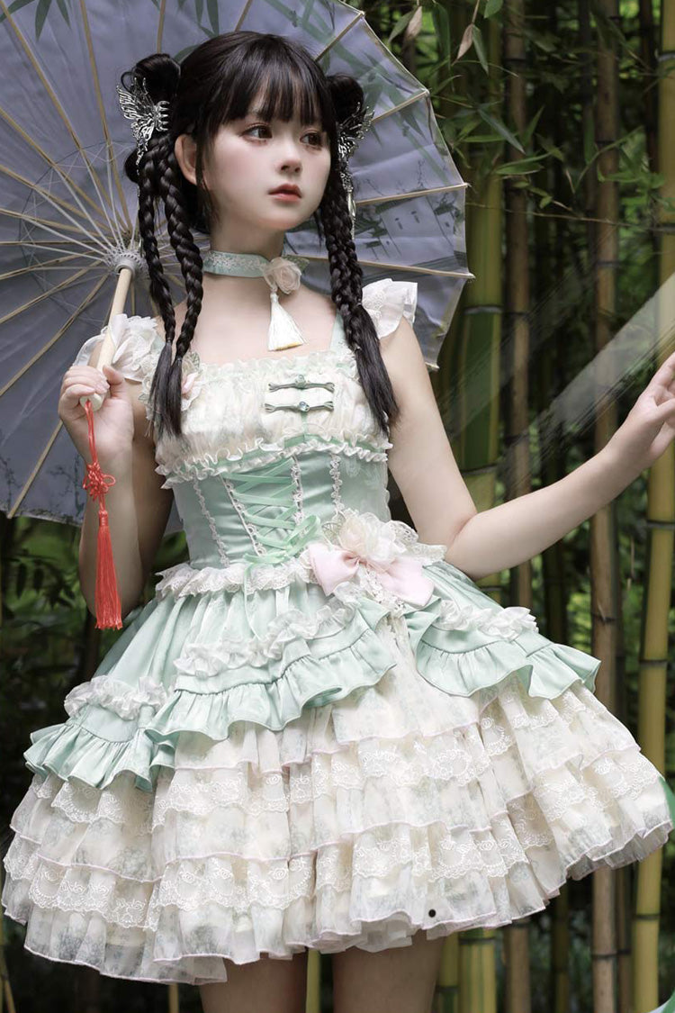 Ancient Poetry Printed Multi-Layer Sweet Lolita Tiered Dress - Chinese Style