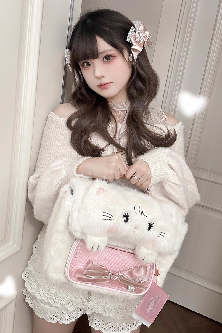 Cute Bow-Trimmed Bunny and Cat Plush Ita Bag in Two Colors