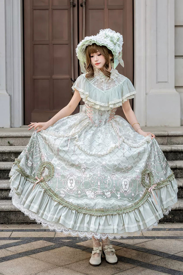 Spring Green Edwardian Collar Jacquard Printed Lace Fishbone Sweet Dress - Cloudborne Prelude