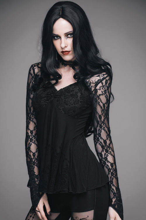 Gothic Mesh Tee with Rose Lace Trim and V-Neck