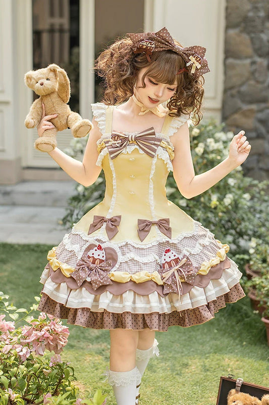 Polka Dot Cake Multi-Layered Printed Ruffled Bow Sweet Lolita JSK - Yellow/Brown