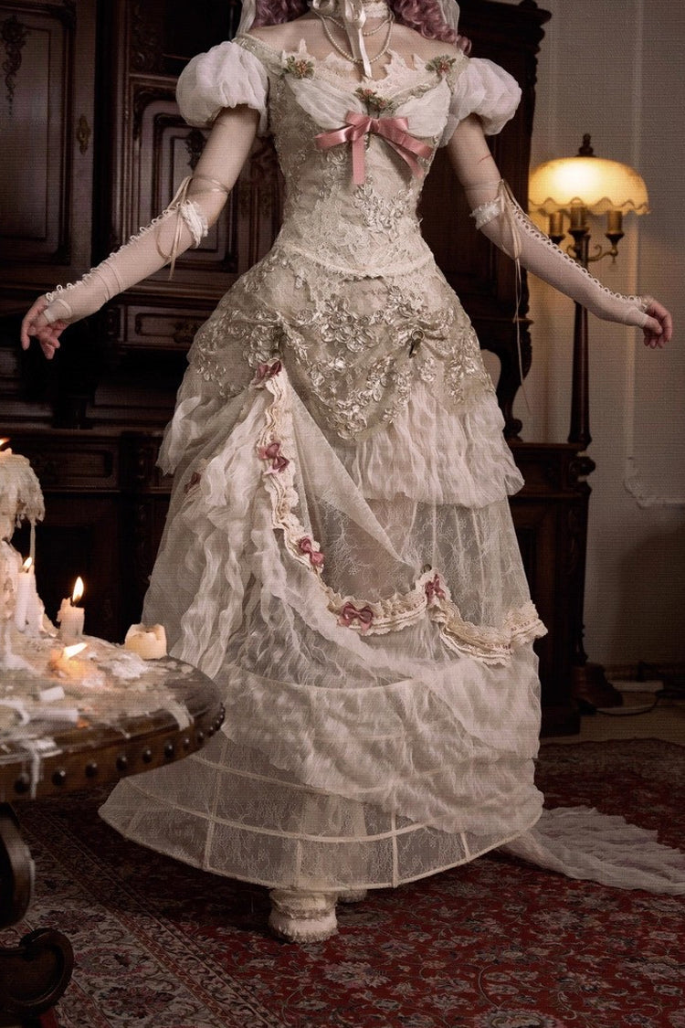 Light Brown Cupid’s Poetry Box Boat Neck Short Puff Sleeves Ruffled Cut-Out Embroidered Bow Lace Gothic Elegant Lolita Skirt Dress and Top Set