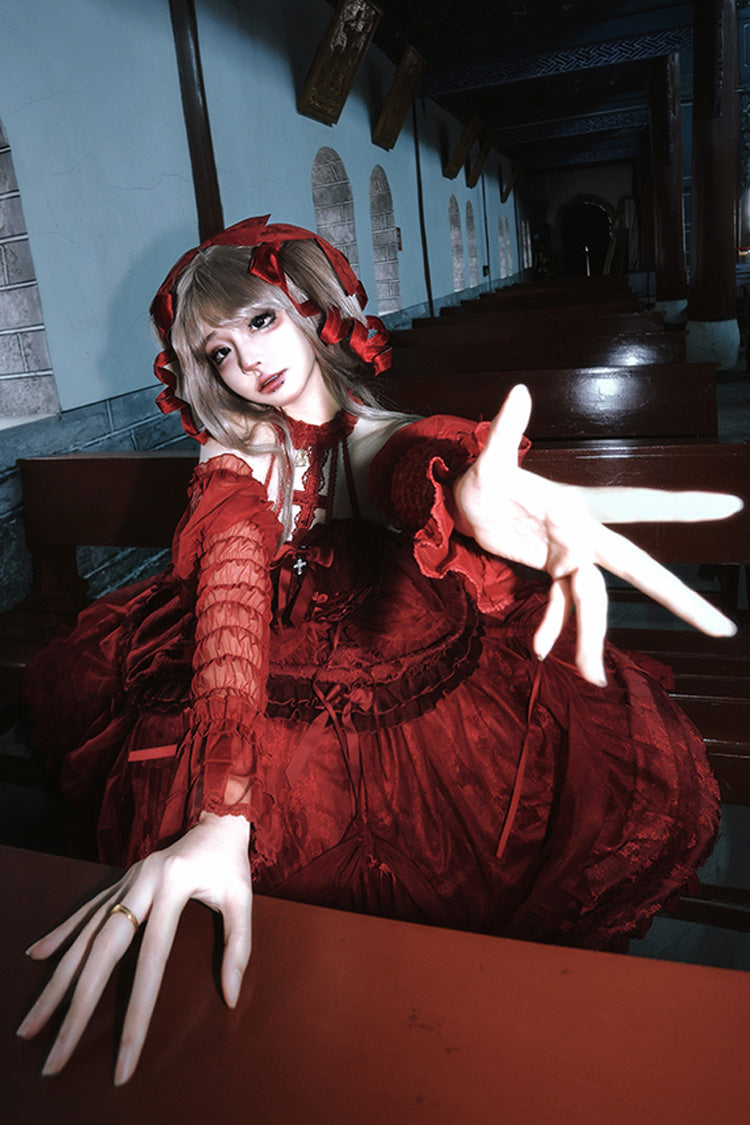Wine Red Cross Halterneck Lace-Up Gothic Lolita Dress - Princess Ruffled