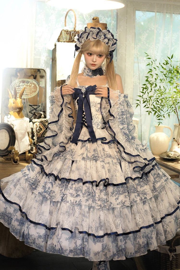 Cerulean and Ivory Sleeveless Bow Print Chinese Classic Sweet Lolita JSK Long Dress with Fishbone Details
