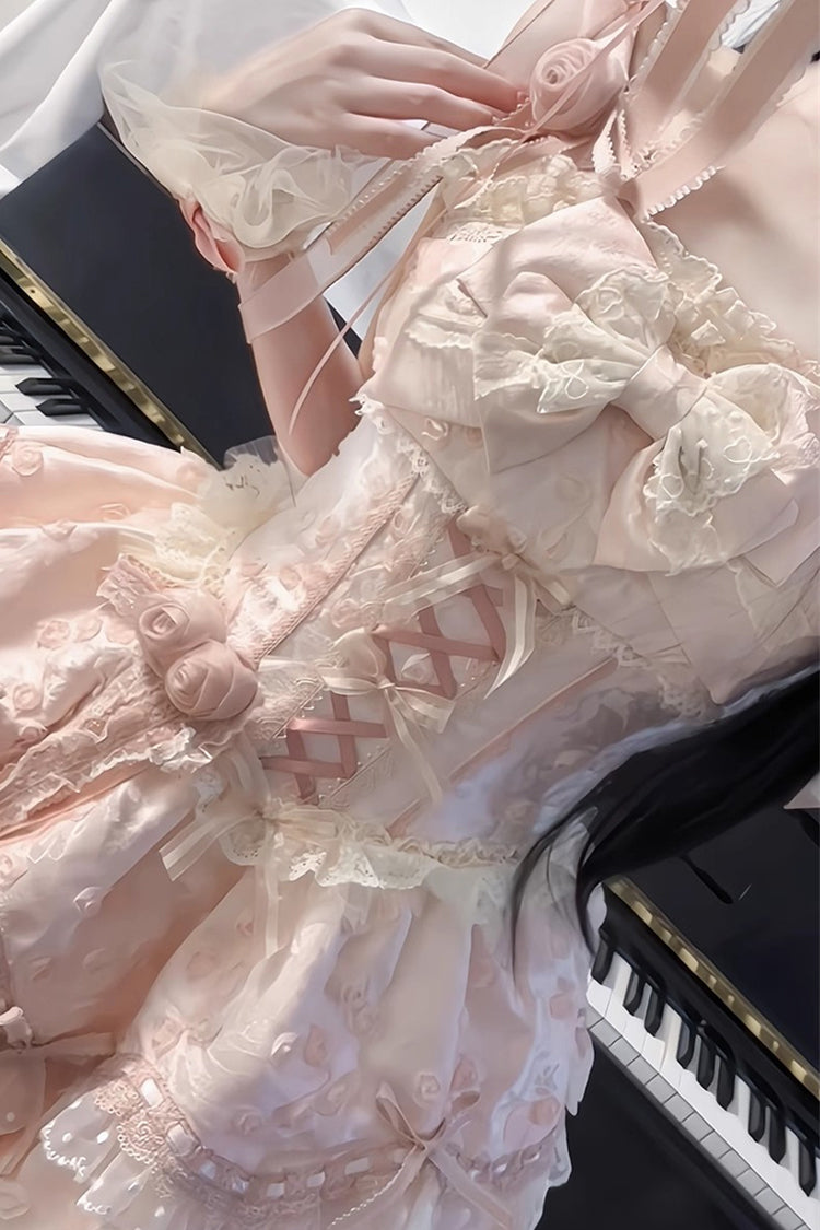Pink Double-Layered Ruffled Embroidered Bow Lace Sweet JSK - Floral Overture