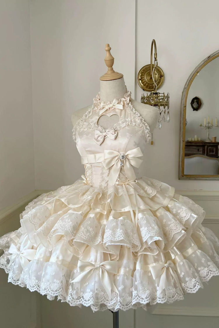 Apricot Sweet Ballet Lolita Dress with Heart Shape Hollow and Bowknot