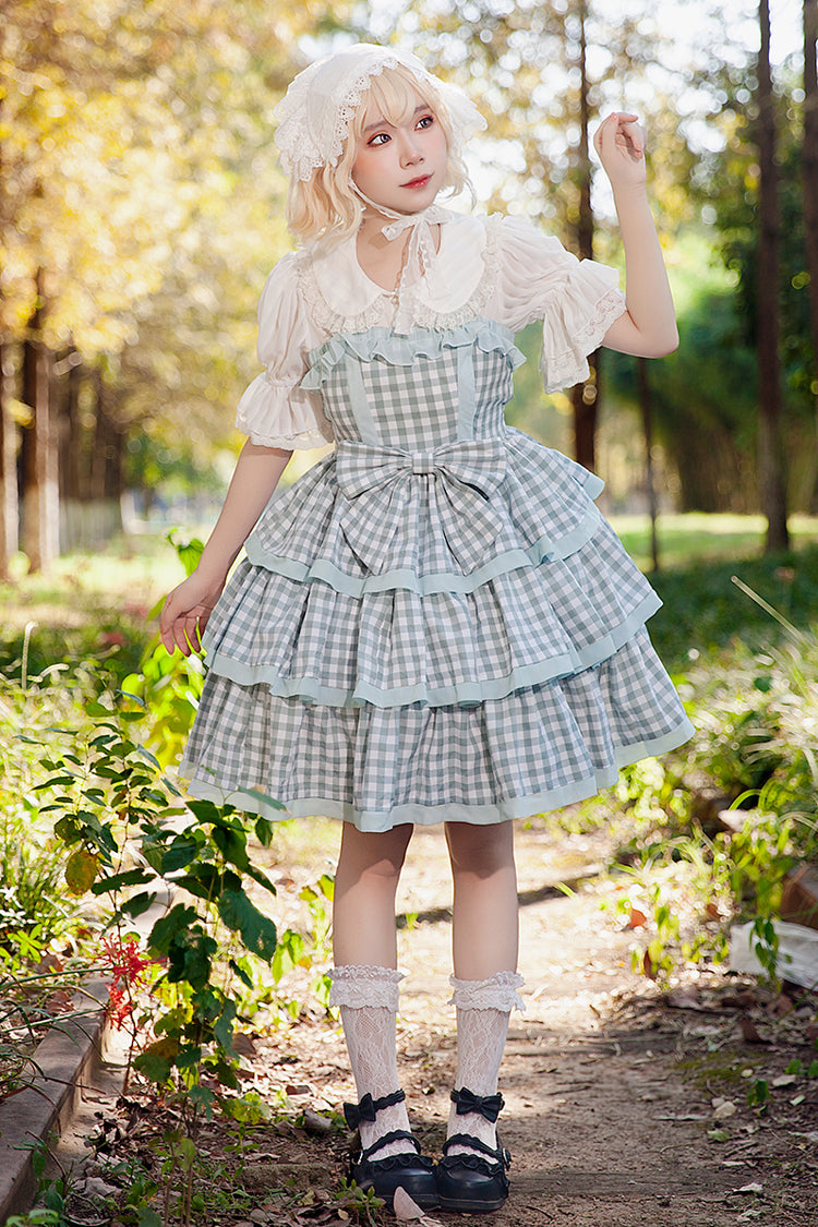 Blue Triple-Layered Plaid Ruffle Bow Sweet Lolita Dress