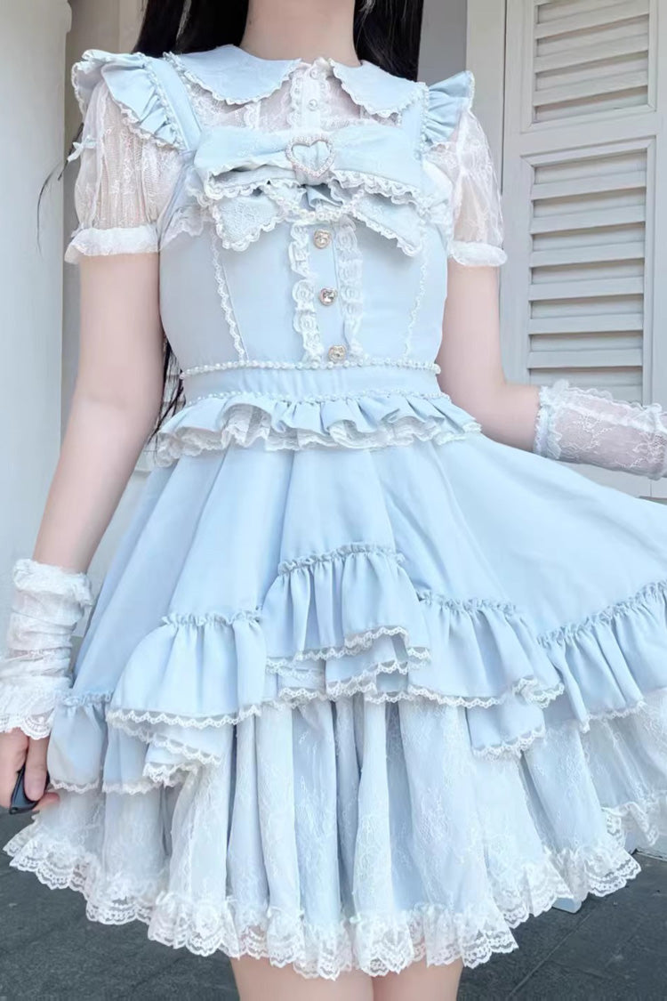 Light Blue Double-Layer Ruffle Bow Lace Sweet Jirai Kei Dress Set
