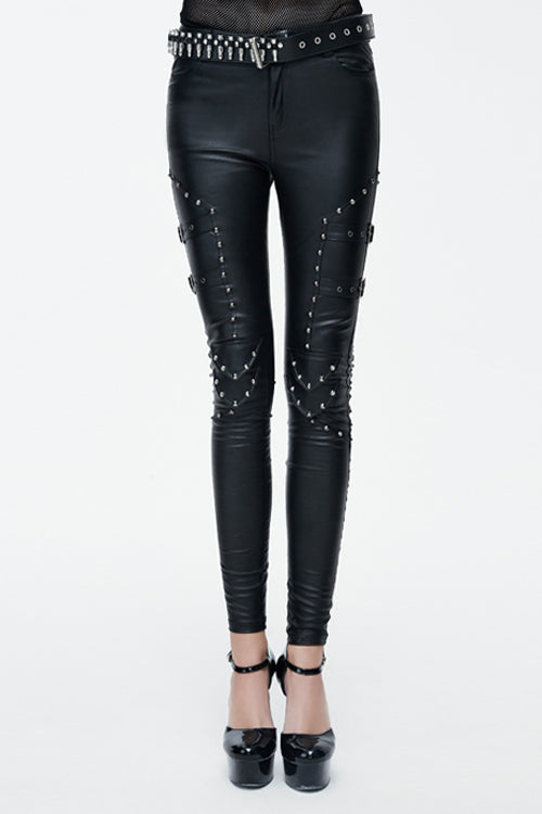 Leather Skinny Pants with Rivets and Adjustable Loops