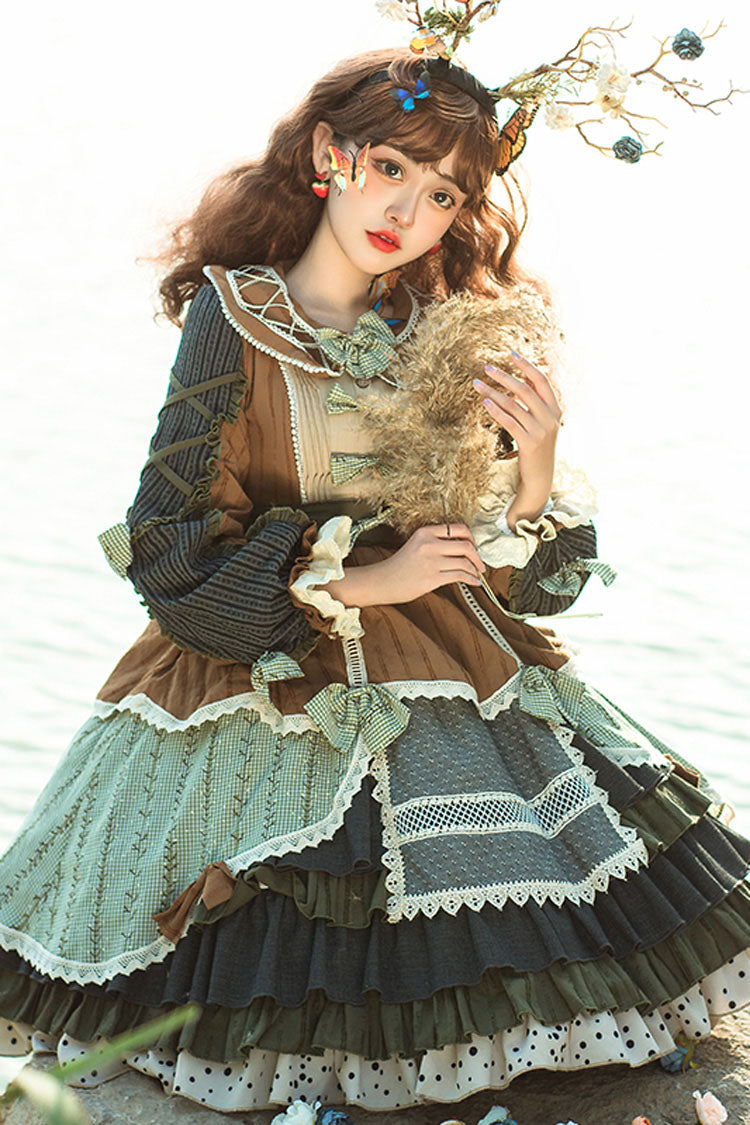 Multi-Color Retro Classic Lolita OP Dress Stitching Color Ruffled Tiered - Altfashion Shop