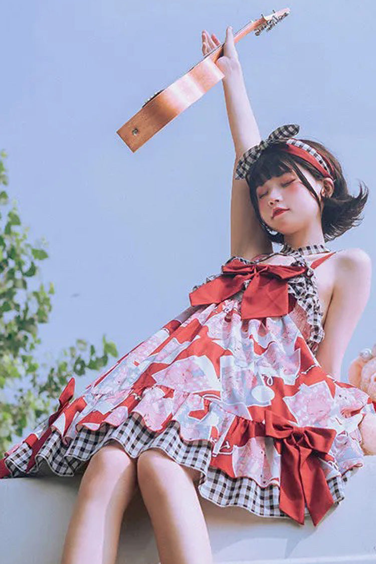 Ruffled Bowknot Print JSK Dress with Detachable Straps