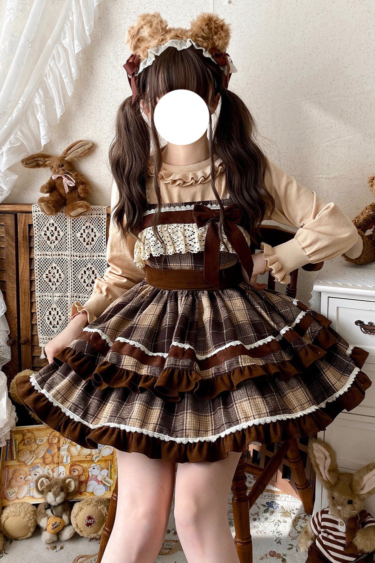 Caramel Cocoa Double-Layered Print Ruffle Bow Sweet JSK