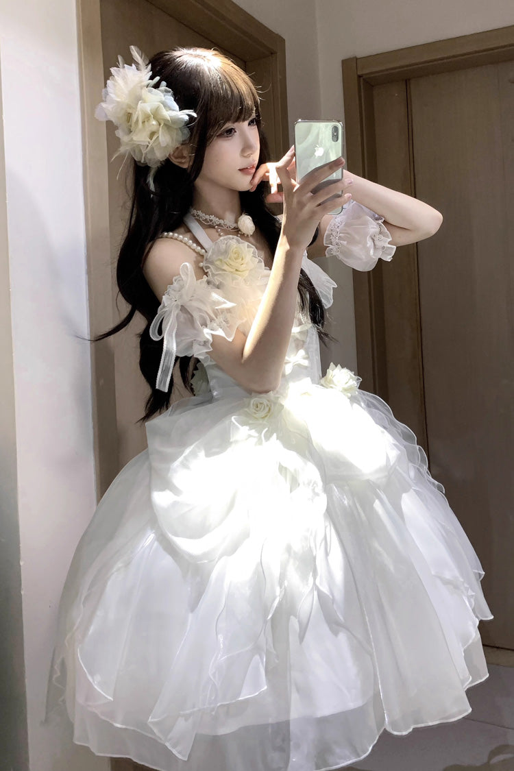 Ivory Elegant JSK with Halter Neck and Ruffle Bow - Cindy Rose