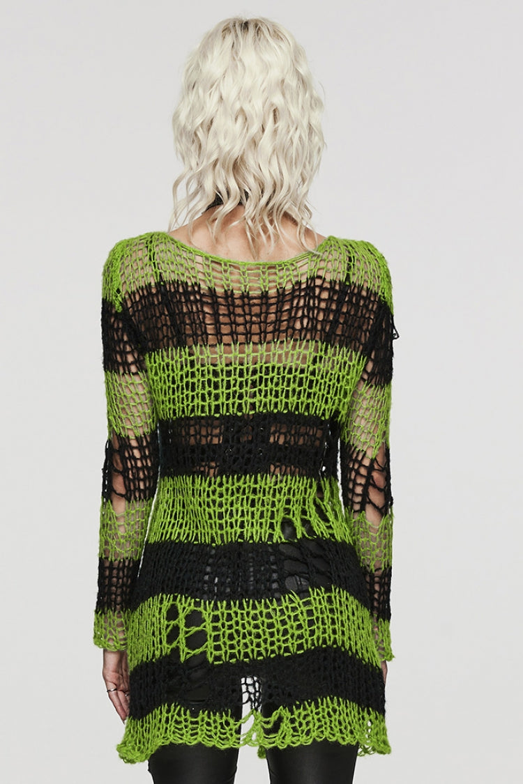 Irregular Ripped Striped Sweater with Zipper Accents