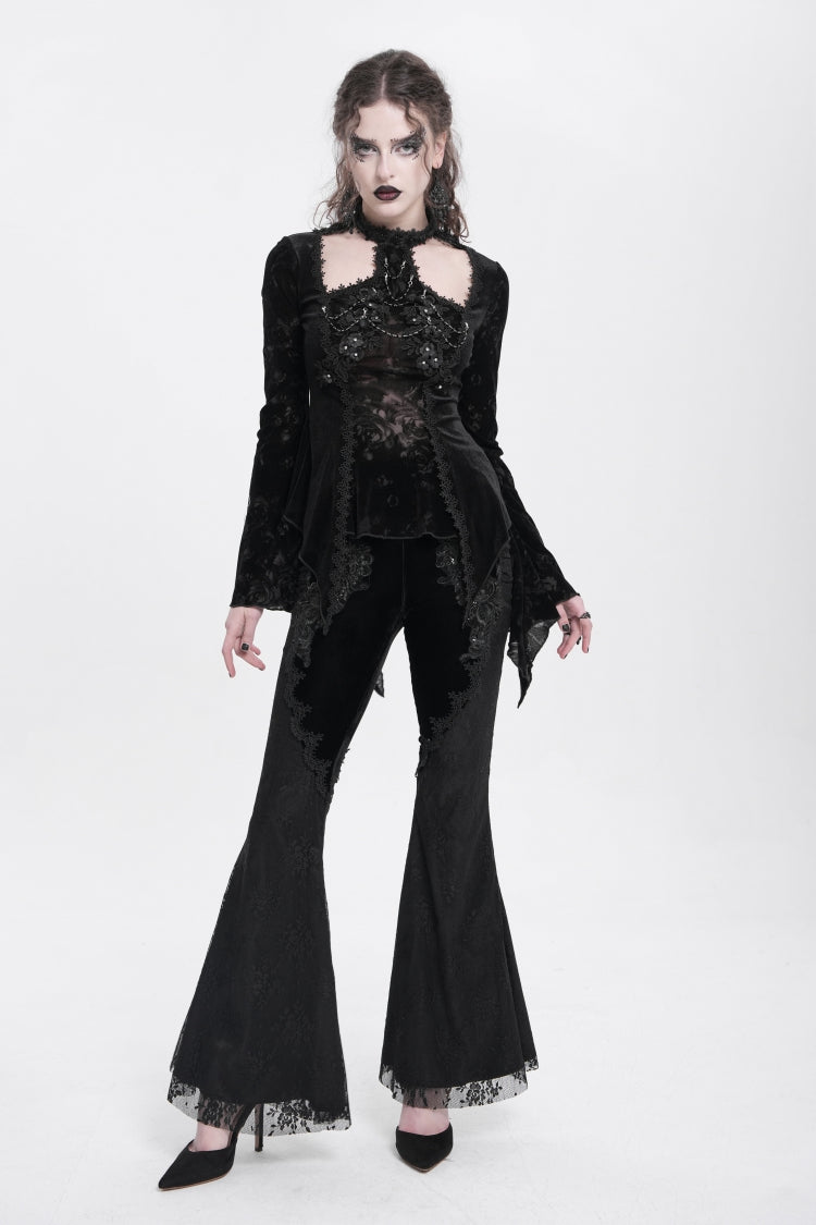 Graceful Black Jacquard Embroidered Trumpet Sleeve Halter Gothic Blouse